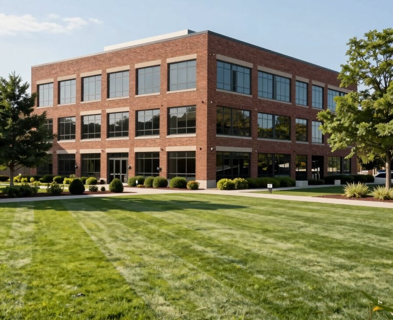 Wide cinematic shot of a modern brick commercial office building in Michigan surrounded by perfectly striped, vibrant green turf and immaculate landscaping, bright morning sun, 35mm