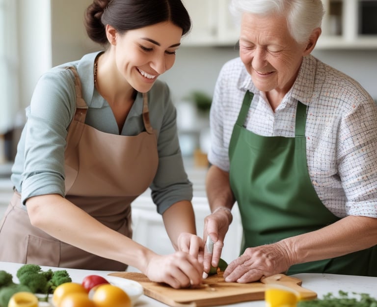 A caregiver gently assisting a smiling elderly woman with a warm blanket in a cozy living room.