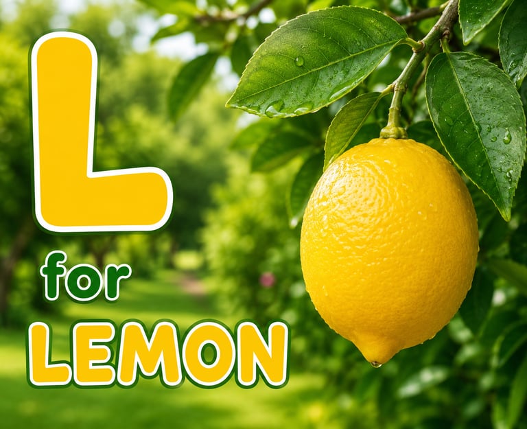 Educational alphabet graphic featuring the letter L and a fresh yellow lemon hanging on a tree.