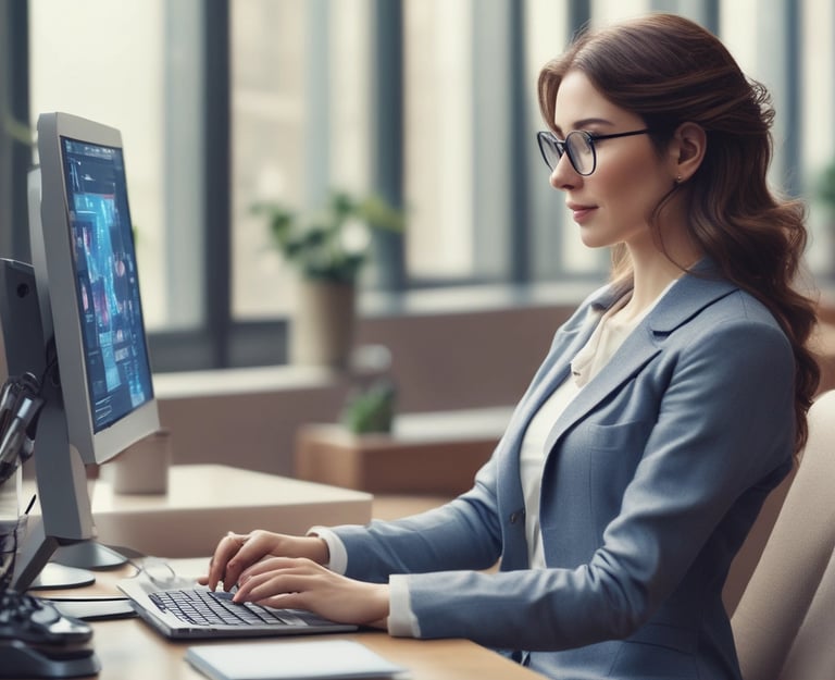 A focused woman working on a laptop with futuristic holographic interface elements.