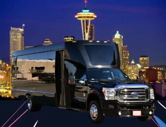 Luxury executive mini coach for corporate and group transportation at night