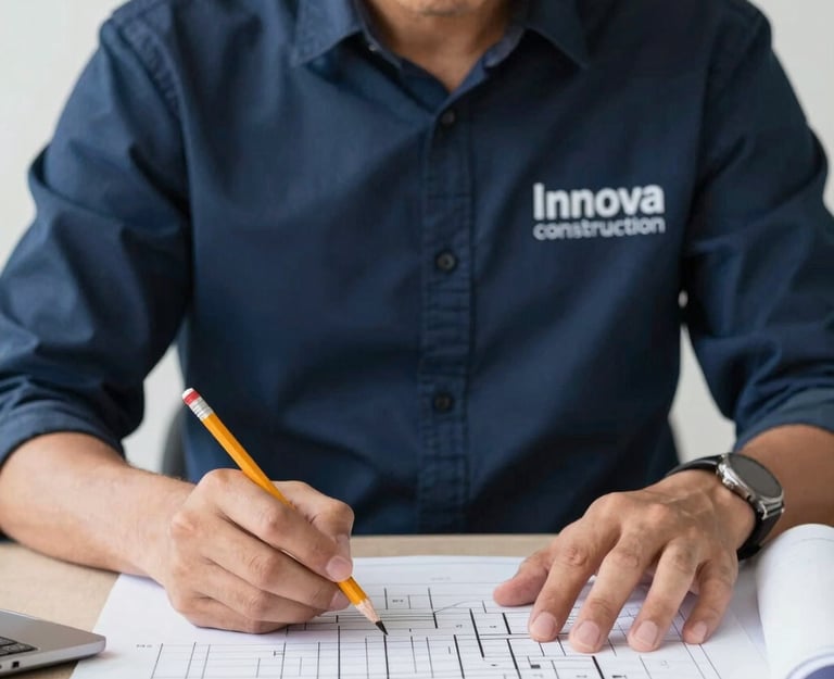 An architect working on a draft with a pencil and ruler
