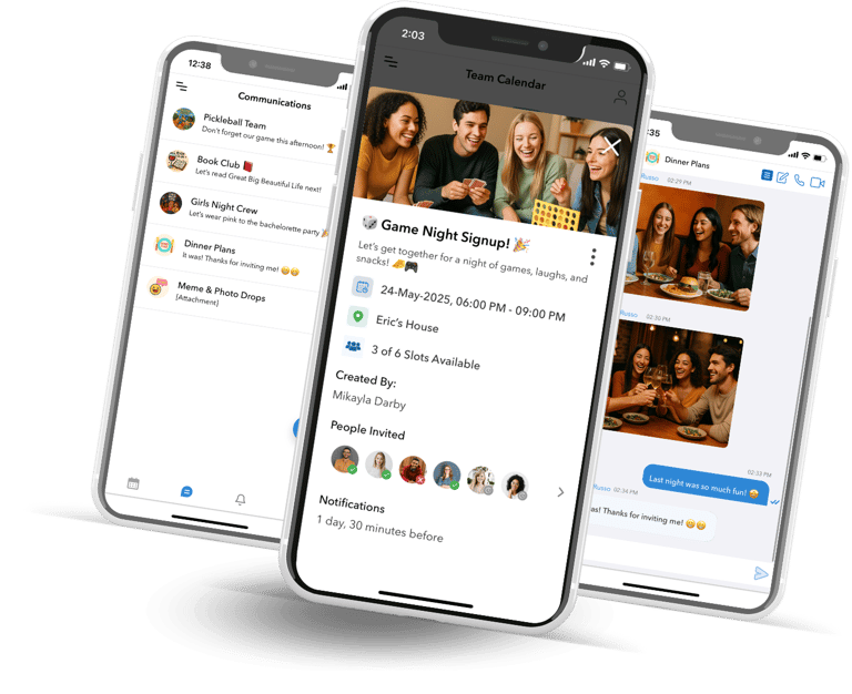 iphones with a group of gen z friends. Organizing events, chats, game night, trip planning, wine.