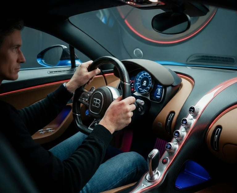 a man driving a car with a steering wheel