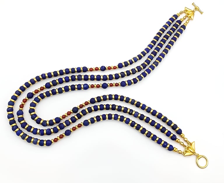 Egyptian Revival Necklace. Nefertari Lotus Triple Strand Necklace Lapis Lazuli Carnelian