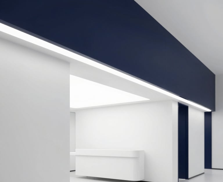 Sleek modern dental clinic interior with architectural lighting, clean minimalist white and deep navy tones, straight lines