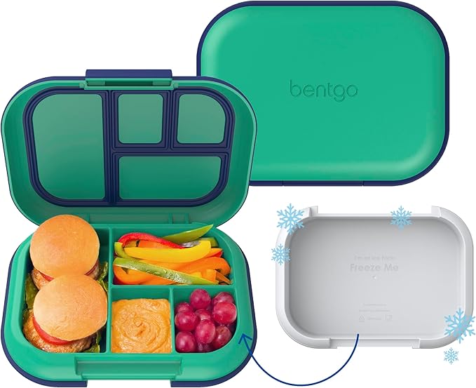 Green and navy Bentgo Chill Kids lunch box with four compartments and built-in ice pack