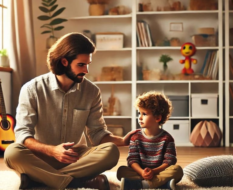 a man and his son playing with a guitar