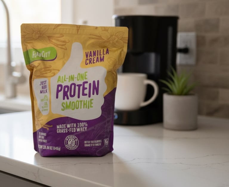 FlavCity Vanilla Cream Protein Smoothie pouch, showing healthy morning smoothie setup.