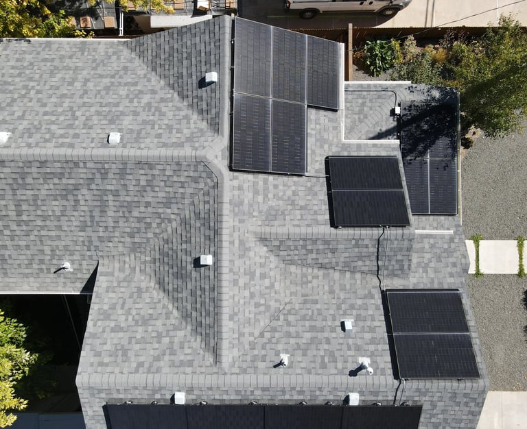 Drone image of a roof with solar panels in Golden, Colorado
