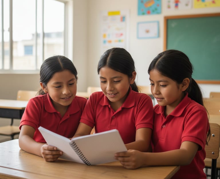 Tres niñas de primaria con uniforme rojo leyendo juntas un cuaderno en el aula