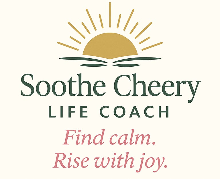 Soothe & Cheery Life Coaching logo with sunrise design and tagline Find calm. Rise with joy.