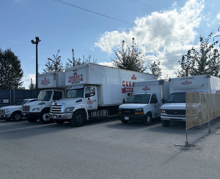 Canada’s Most Wanted Movers fleet lined up in a secure Port Coquitlam lot before dispatch.