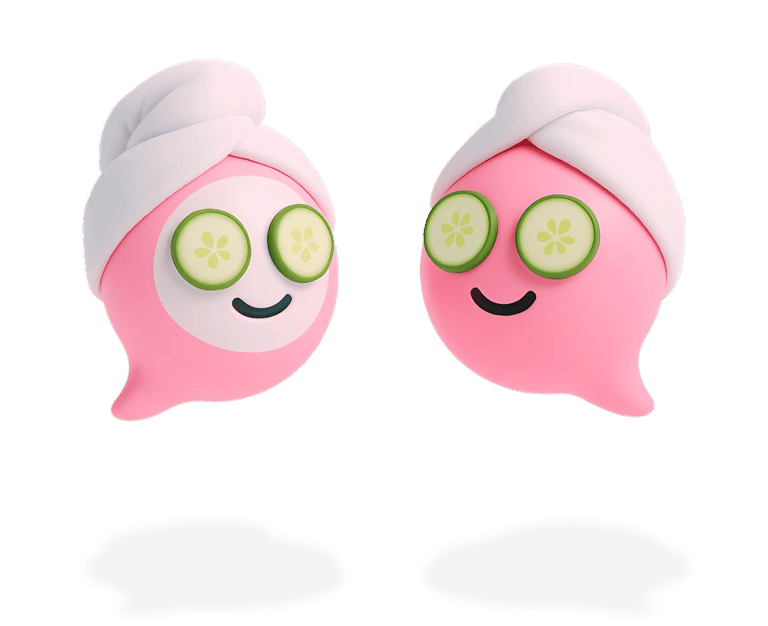 Two Blabit bubbles wearing white towel head wraps with cucumber slices over their eyes for spa treatment
