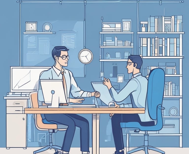 Customer support agent assisting a client via headset in a bright office.