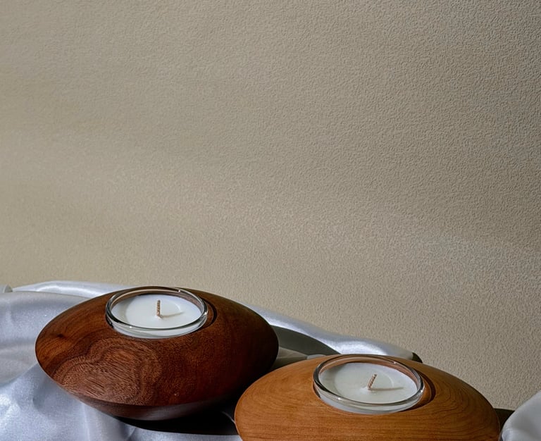 Two round wooden tea light candle holders on white silk fabric against a textured wall.
