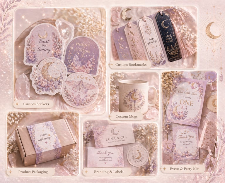 custom design and printing services collage featuring stickers, bookmarks, mugs, and branded product