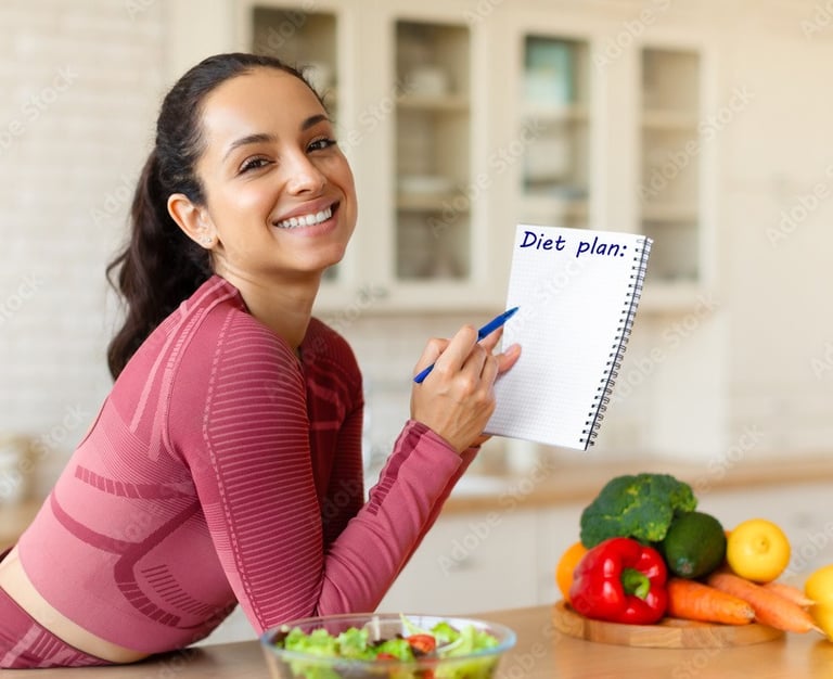 Smiling woman with diet plan notepad, fresh veggies, organic Iranian food for healthy lifestyle goal