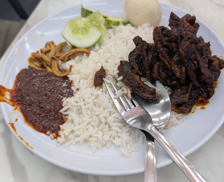 Nasi Lemak plate with beef lungs, spicy sambal, fried anchovies, egg, and cucumber on white rice.