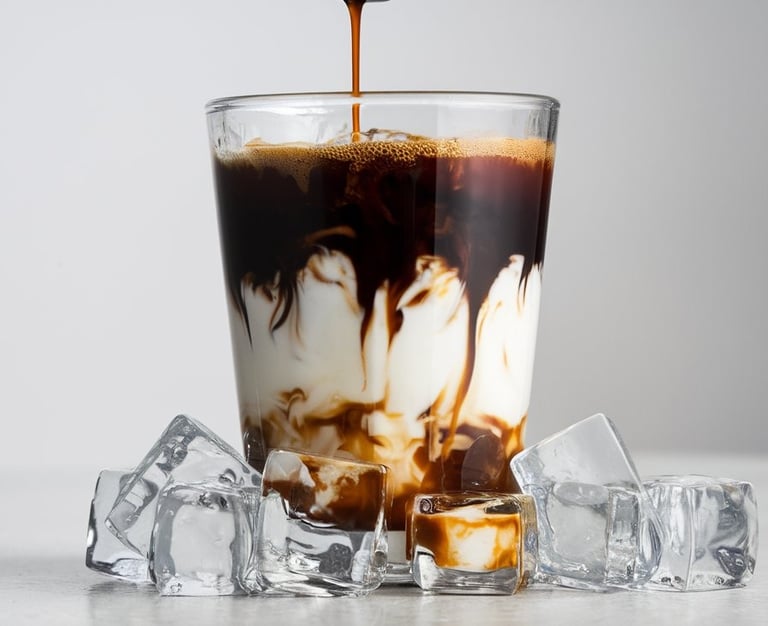 a glass of coffee with ice cream and chocolate syrup