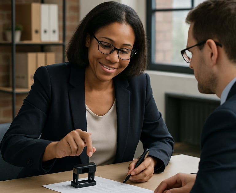 An image showing a mobile notary notarizing documents at a business location