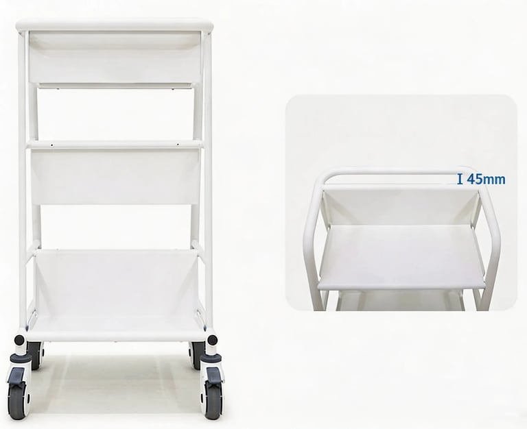White multi-tier rolling storage cart with wheels and a 45mm handle measurement detail.
