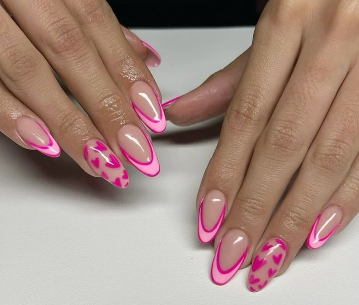 Valentine's day nails pink French outlined with pink hearts