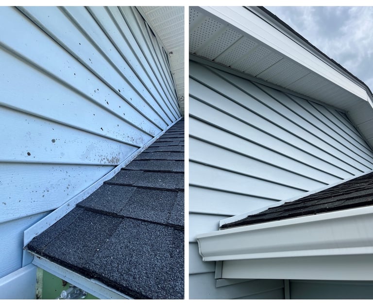 Before and after soft washing upper house siding and eaves