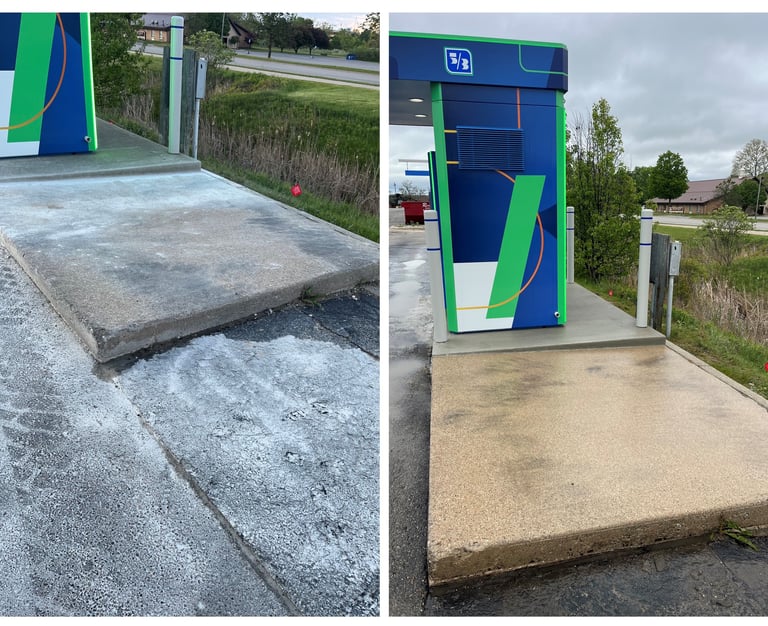Before and after pressure washing a concrete pad at a commercial property