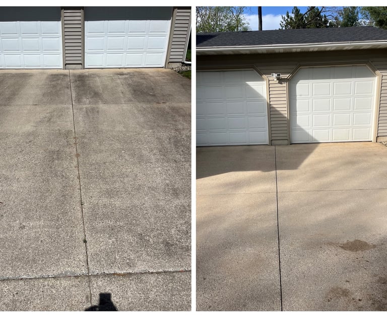 Before and after pressure washing a dirty concrete driveway