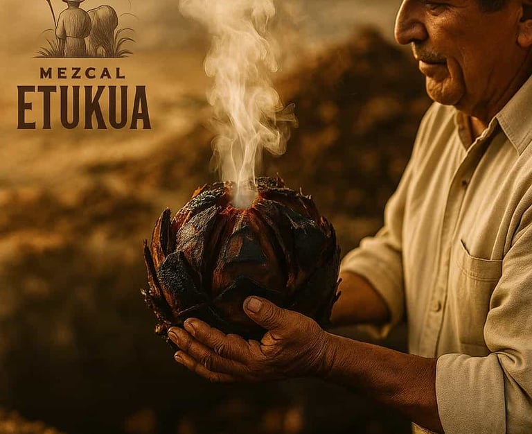  Maestro mezcalero de Etukua mostrando el corazón del agave asado en un horno de tierra, ejemplo de 