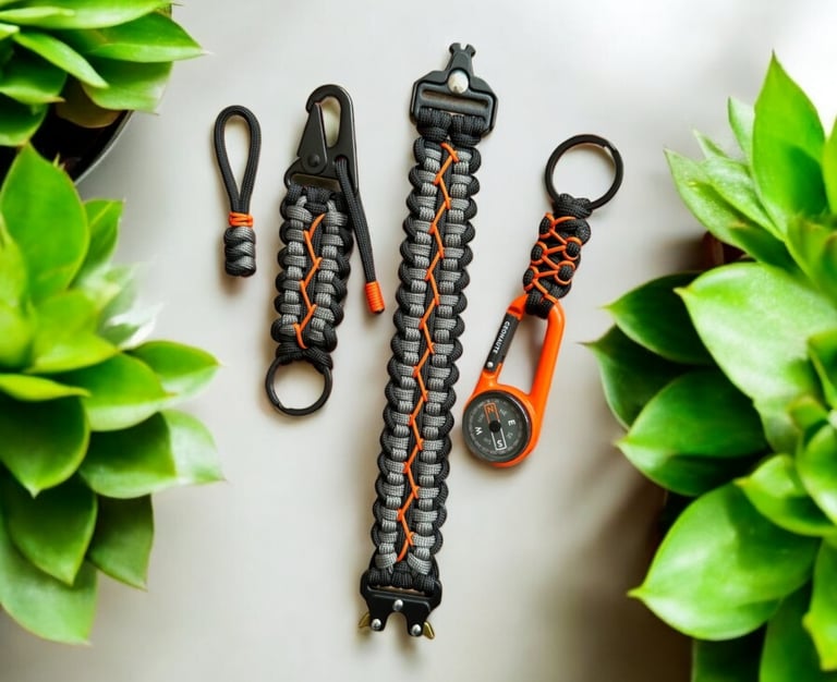 Fiador, llavero, pulsera y llavero con brújula hechos de paracord