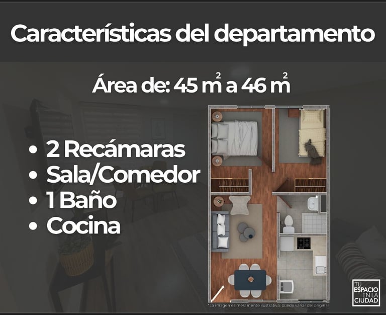 FECA Características Depto.  Plano con 2 recamaras, sala comedor, baño y cocina. 45 y 46 m2