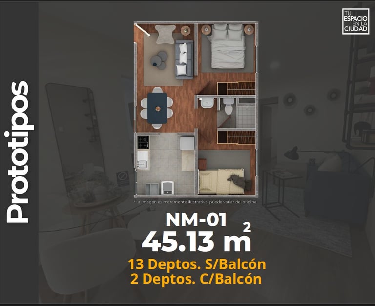 FECA Características Depto.  Plano con 2 recamaras, sala comedor, baño y cocina. 45 m2