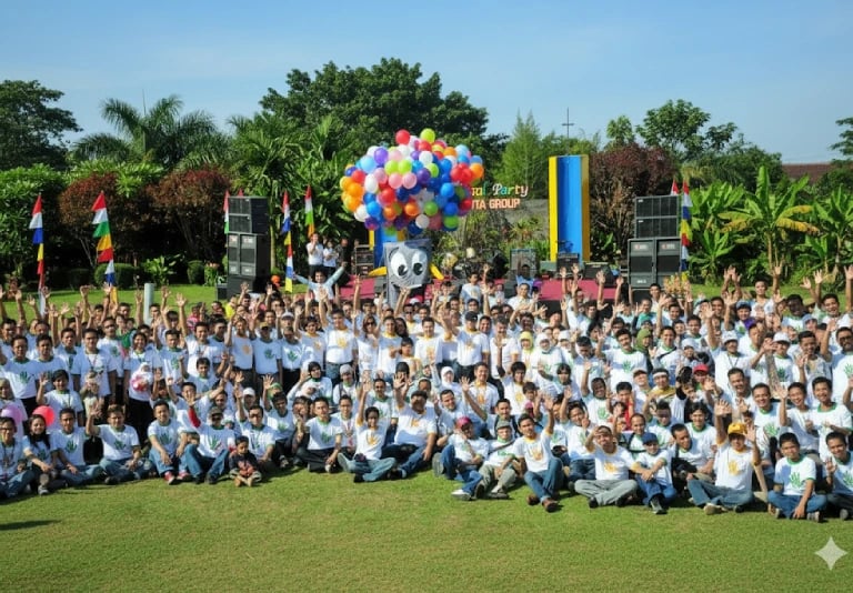 Foto peserta family gathering sedang berinteraksi dan bermain bersama, menunjukkan kehangatan hubungan dan kebersamaan tim.