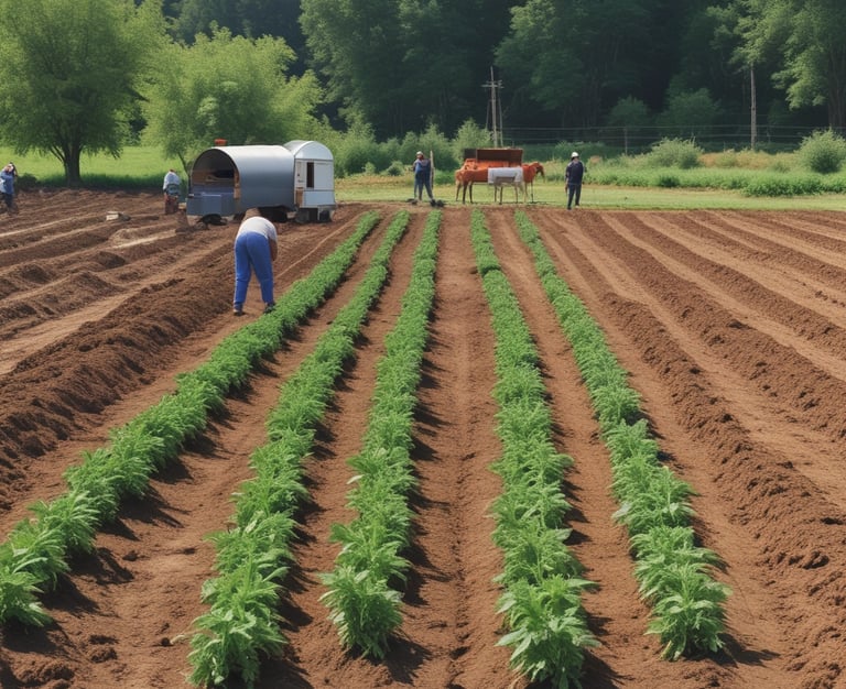 A vast agricultural field stretches under a bright blue sky filled with scattered white clouds. In the foreground, the top of a tractor is visible, surrounded by green crops and dry soil.