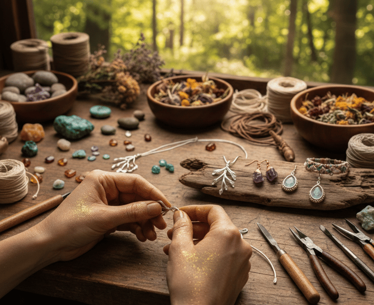 Joyero artesano creando joyería hecha a mano con cristales en un banco de trabajo al aire libre.