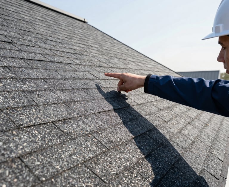 Haag-certified inspector in branded gear pointing at subtle structural details on an asphalt shingle roof, crisp morning light, tight macro shot.