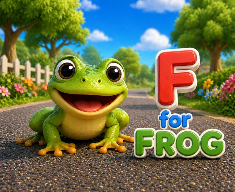 Cute cartoon green frog on a road next to the letter F for frog alphabet learning illustration.