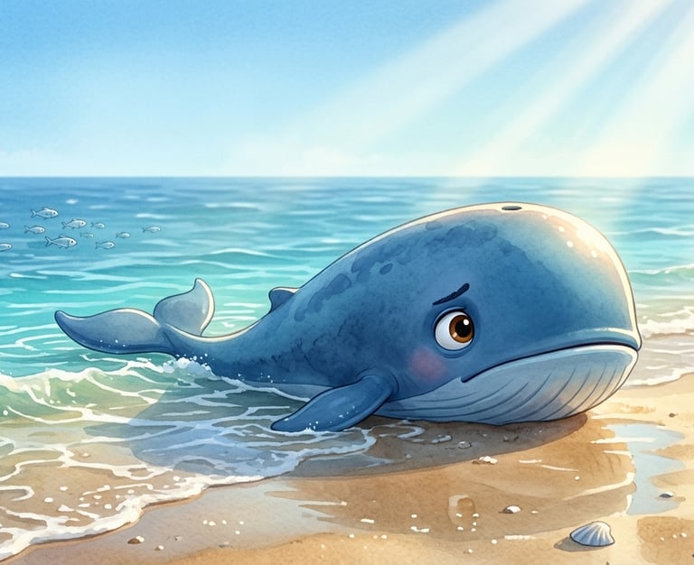 Cute cartoon blue whale beached on a sunny shore with ocean waves and seashells.
