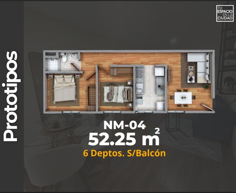 LASU Características Depto.  Plano con 2 recamaras, sala comedor, baño y cocina. 52 m2