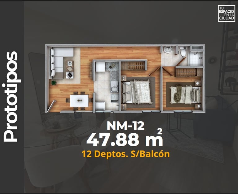 LASU Características Depto.  Plano con 2 recamaras, sala comedor, baño y cocina. 47 m2