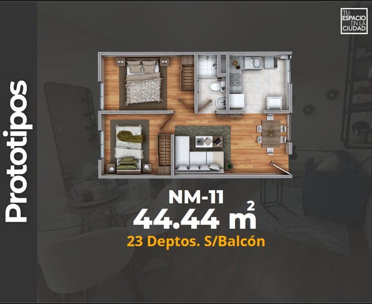 LASU Características Depto.  Plano con 2 recamaras, sala comedor, baño y cocina. 44 m2