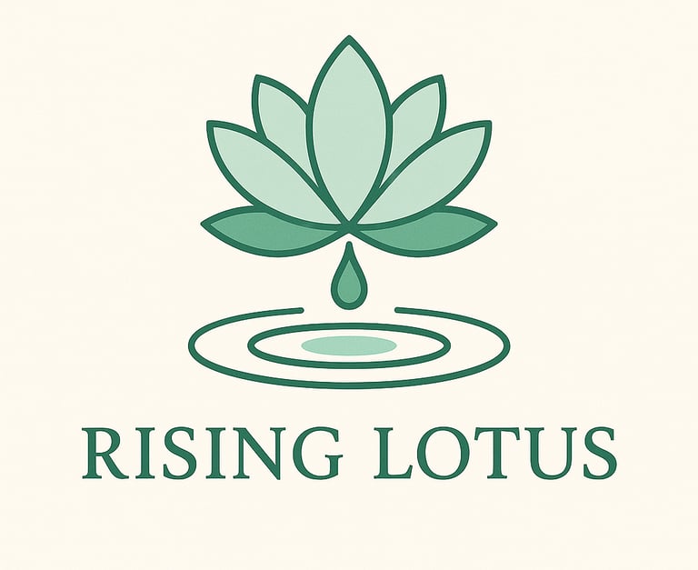 Illustration of a green lotus flower rising out water, with a drip of water that causes a ripple on a cream background