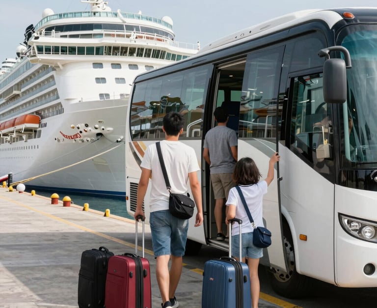 A vibrant cruise ship sailing near a Caribbean island with turquoise waters and palm trees.