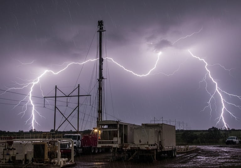 Dramatic lightning bolts striking near an industrial drilling rig and power lines during a night storm.