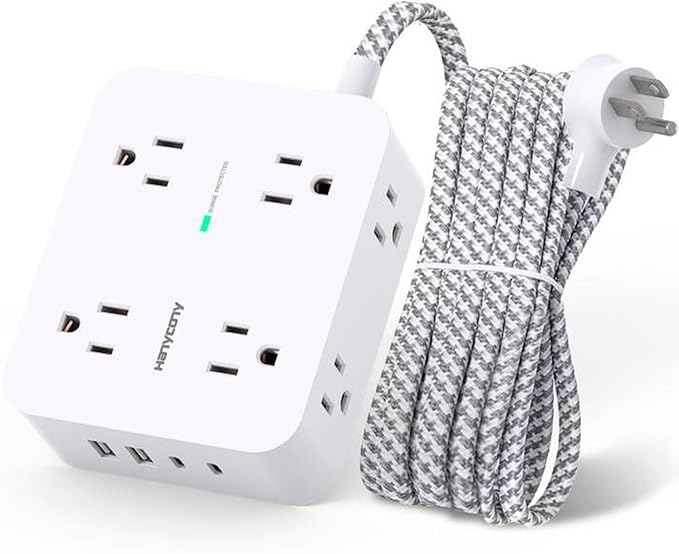 HANYCONY black surge protector power strip with 8 AC outlets, 4 USB ports, and flat braided cord