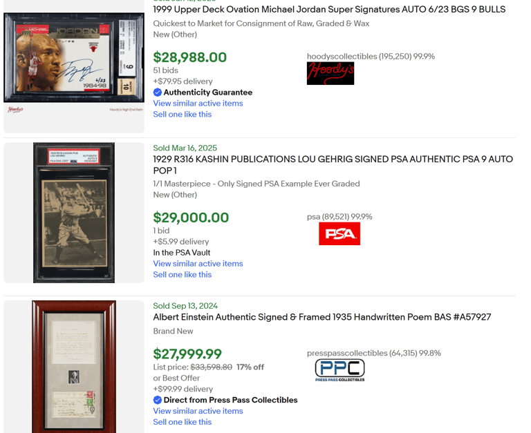 sold celebrity autographed signed collection