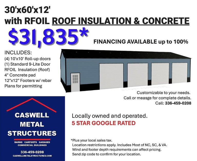 Custom 30x60x12 metal garage building with roll-up doors, concrete pad, and RFOIL roof insulation.