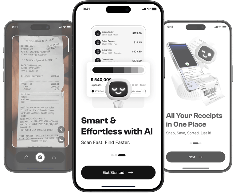 Taxr app interface showcasing receipt scanning, expense tracking & reports
